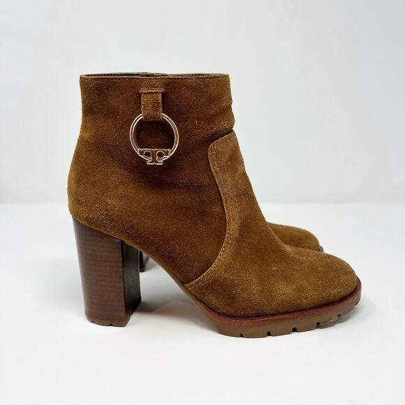 Tory Burch Sofia 85mm Lug Sole Suede Gold Hardware Logo Stacked Heel Bootie US 8 - Picture 4 of 10